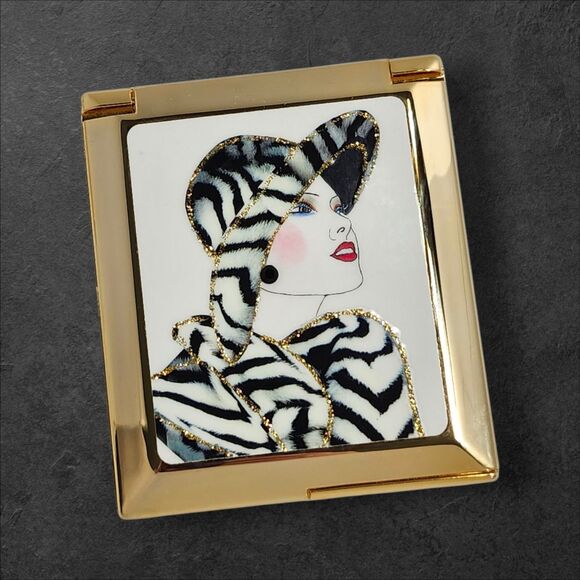 Vintage 1980s Vanity Set Art Deco Woman Compact & Lipstick Case NOS Glam Gold - Picture 3 of 16